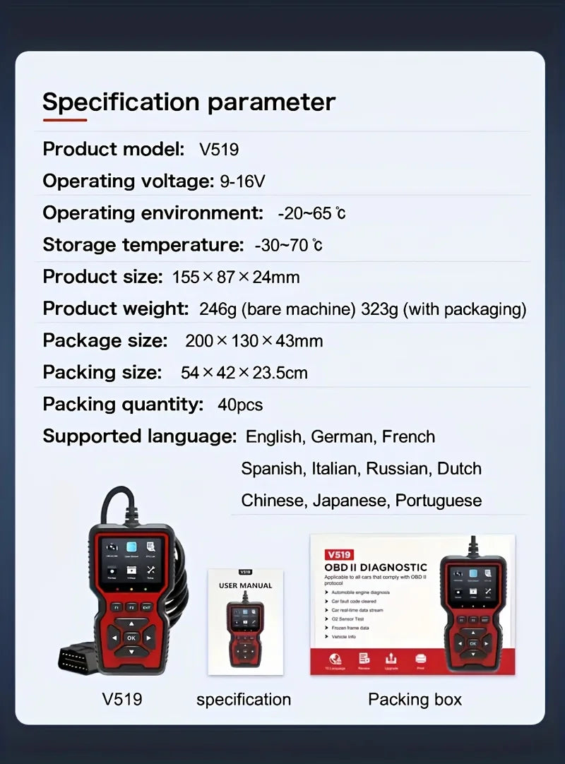 V519 OBD2 Scanner - Handheld Vehicle Inspection and Fault Diagnostic Tester with Live Data, Battery Test