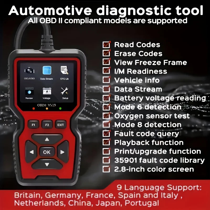 V519 OBD2 Scanner - Handheld Vehicle Inspection and Fault Diagnostic Tester with Live Data, Battery Test