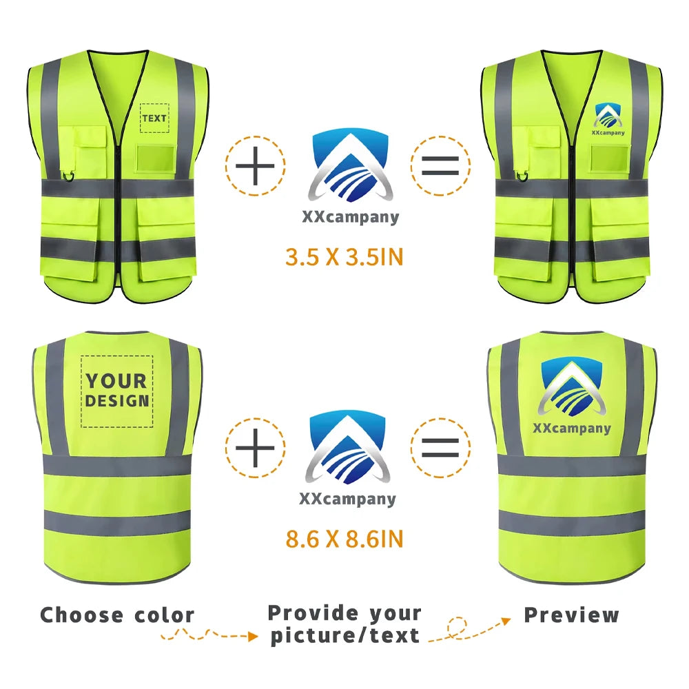 Gilet de sécurité personnalisé avec votre LOGO pour femmes et hommes, haute visibilité, avec poche et fermeture éclair, vêtements de travail de Construction