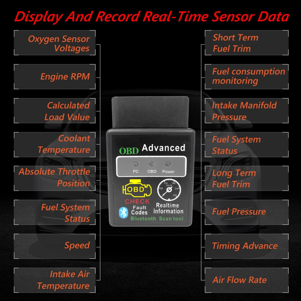 Scanner de Diagnostic Bluetooth OBD2 pour Voiture – Compatible Android / Windows