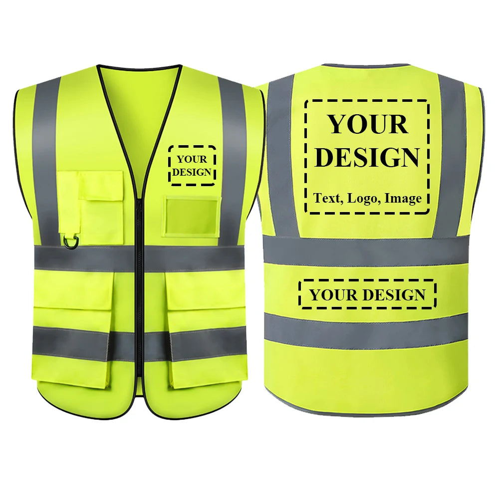 Gilet de sécurité personnalisé avec votre LOGO pour femmes et hommes, haute visibilité, avec poche et fermeture éclair, vêtements de travail de Construction