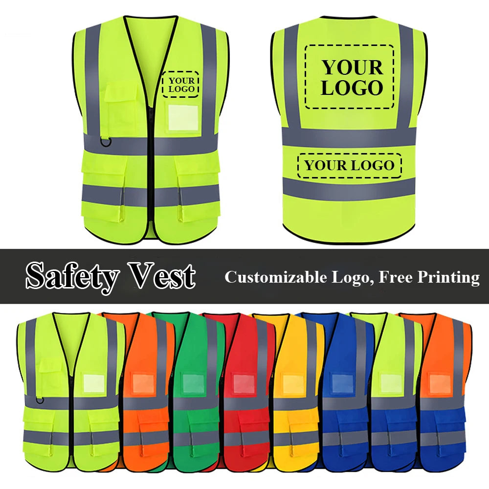 Gilet de sécurité personnalisé avec votre LOGO pour femmes et hommes, haute visibilité, avec poche et fermeture éclair, vêtements de travail de Construction